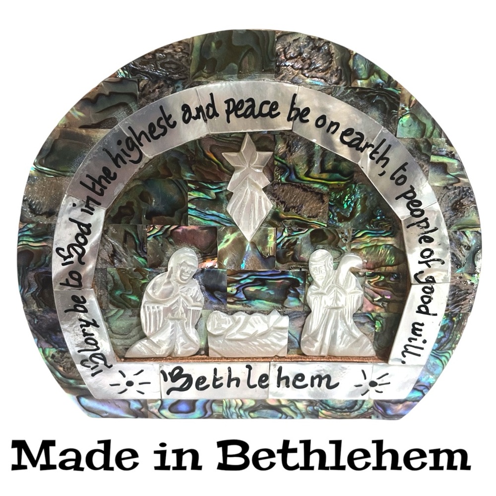 Made in Bethlehem Mosaic Christmas Crib Nativity 4.5" Round Beautifu Wood Base